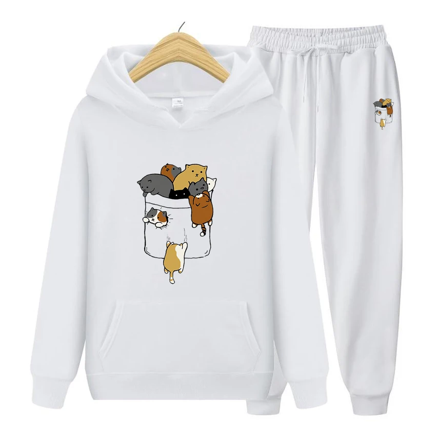 

Cartoon Cat Crawling Printed Spring Autumn Kawaii Hooded Set Women Fashion Pullover Sweatshirt Harajuku Oversized Hoodie Set