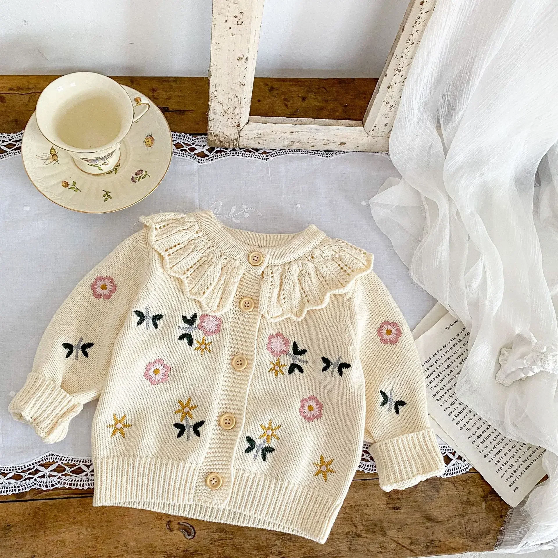 baby clothing set Spring autumn girls flower embroidered lotus collar knitted cotton long sleeve casual simple cardigan coat