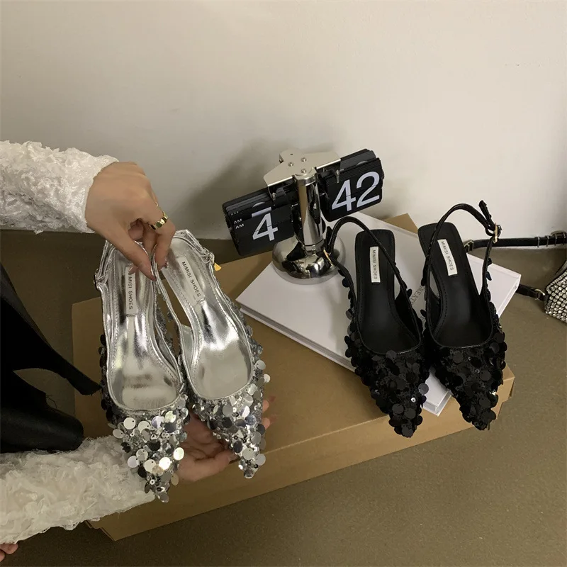 2024 New Pointed Sequin High Heels French Niche Single Shoes with A Toe Wrap Fairy Sandals for External Wear Sandalias De Tacón