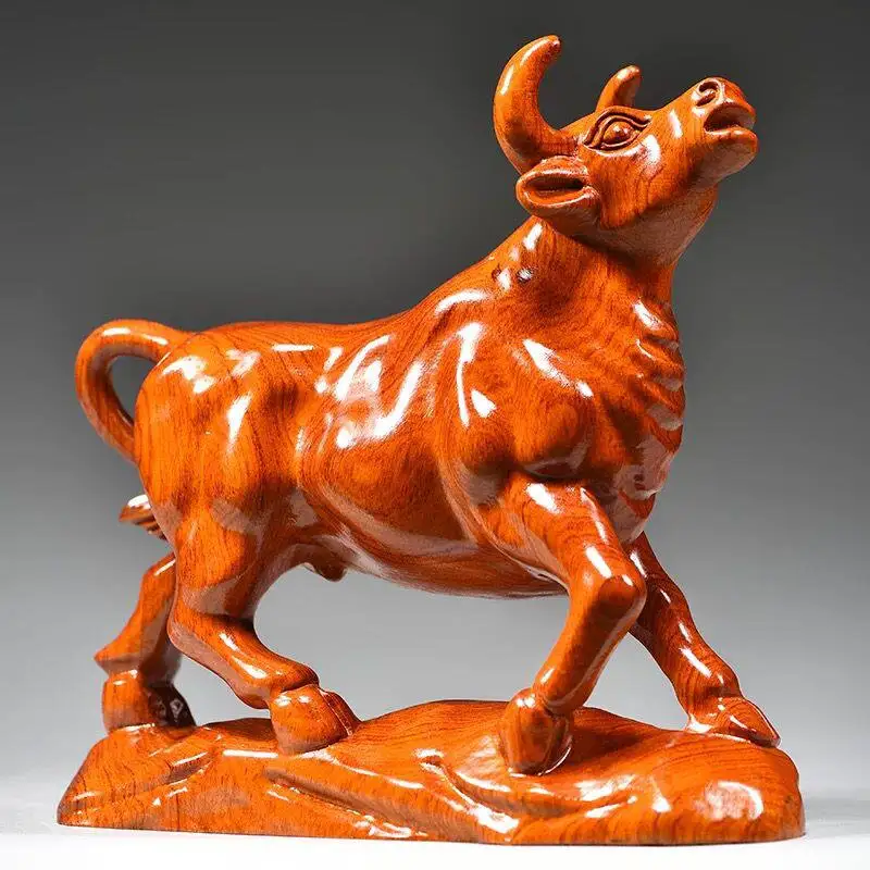 Handcarved Rosewood Ebony Wall Street Bull Statue Fengshui Lucky Wealth Raised Head Figurine Home Office Decor Opening Gift