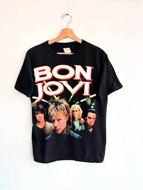 Cotton Basic Tee for Men and Women with Rock Band Bon Jovi Slippery Rock Album Theme Print Oversized Unisex Streetwear Trendy