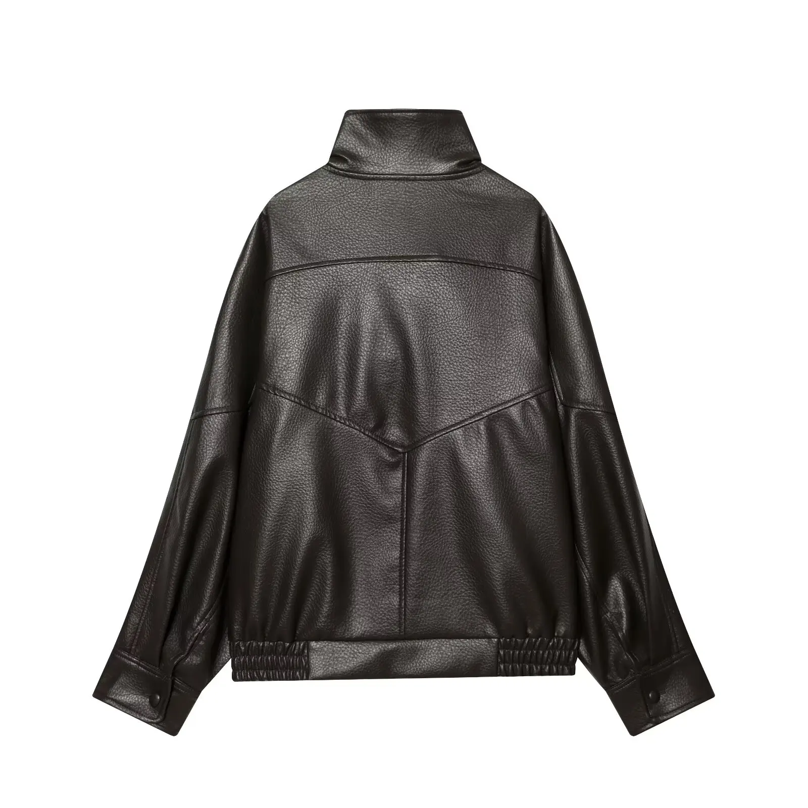 Jaqueta Feminina Nine Zar de Couro Sintético PU com Gola Alta, Solta, Decorada com Bolsos, Manga Longa e Zíper – Ideal para o Dia a Dia