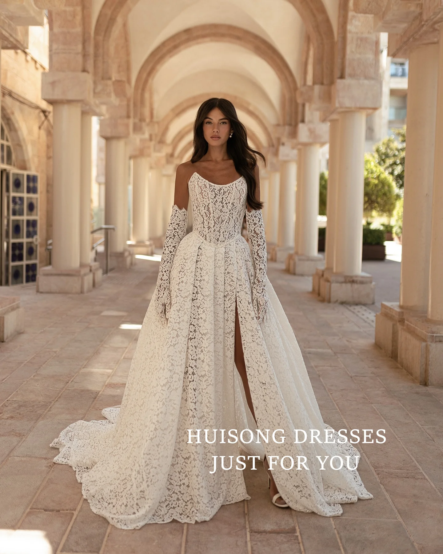 

HUISONG Customized свадебное платье Boho Wedding Dresses Lace Appliques Side Split A-Line Beach Bridal Gown שמ