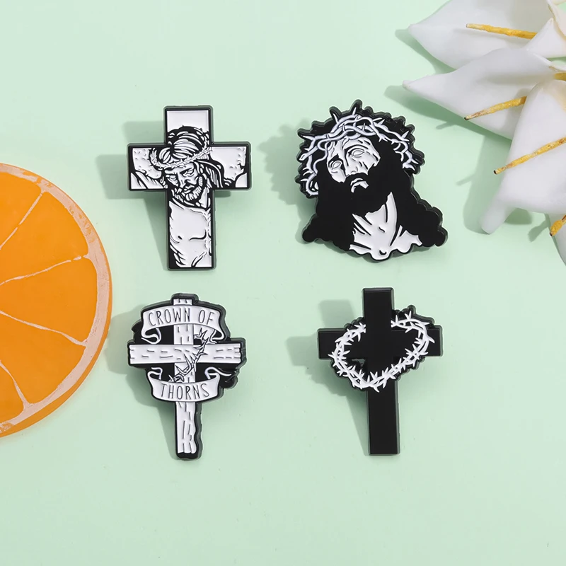 Jesus Cross Enamel Pins Christian Brooch Crown of Thorns Jesus Lapel Badge Backpack Clothes Jewelry Accessories Punk Gothic Pin