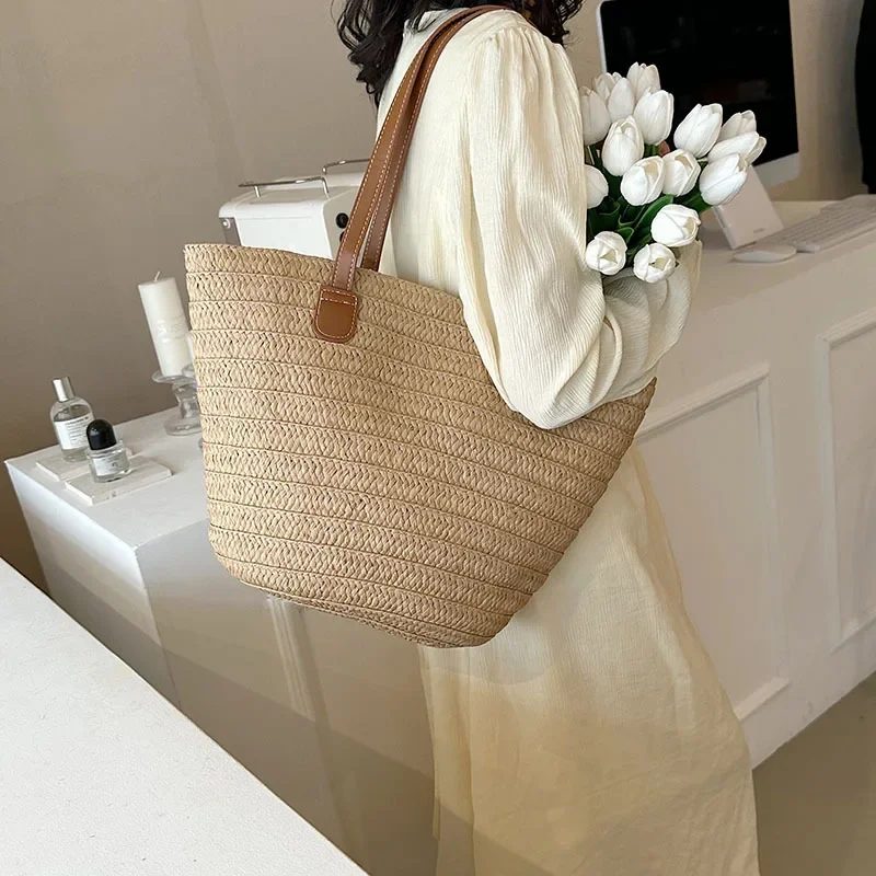 Women\'s Large Capacity Shoulder Bag Summer Straw Woven Basket Handbag Fashion Female Luxury Designer Beach Bag Bali Shopper Tote