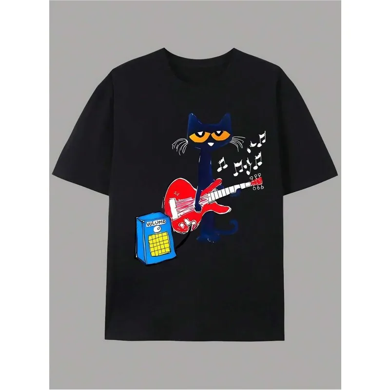 Fun cartoon cat playing electric guitar pattern women's T-shirt, cute Kawaii music enthusiast T-shirt, rock singer gift