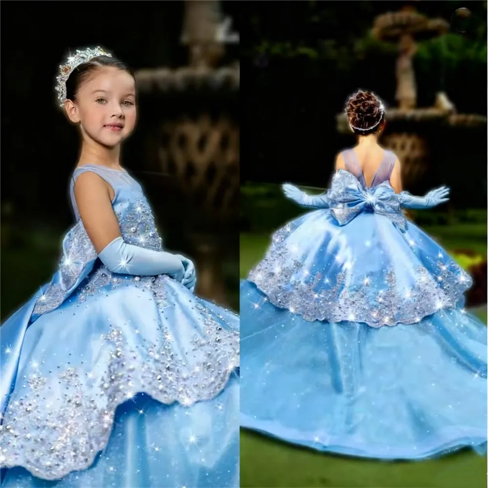 

Customized Satin Flower Girl Wedding Dress Appliques Lace with Bow Kids Birthday Party Dress Child Christmas Festival Gown
