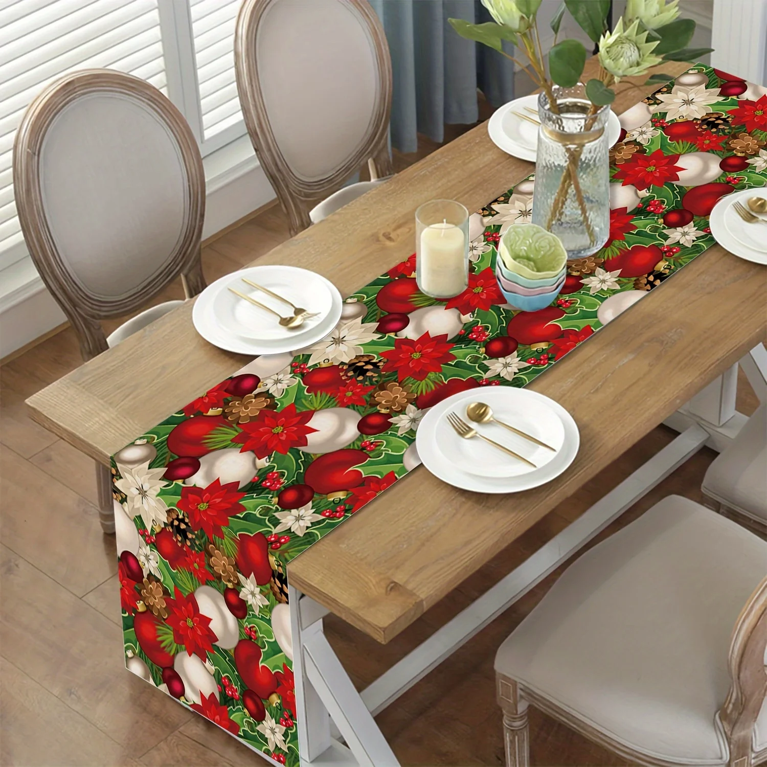 Christmas Poinsettia Pine Cones Balls Table Runner for Table Decor Winter Holly Berry Dining Table Runners Christmas Decorations