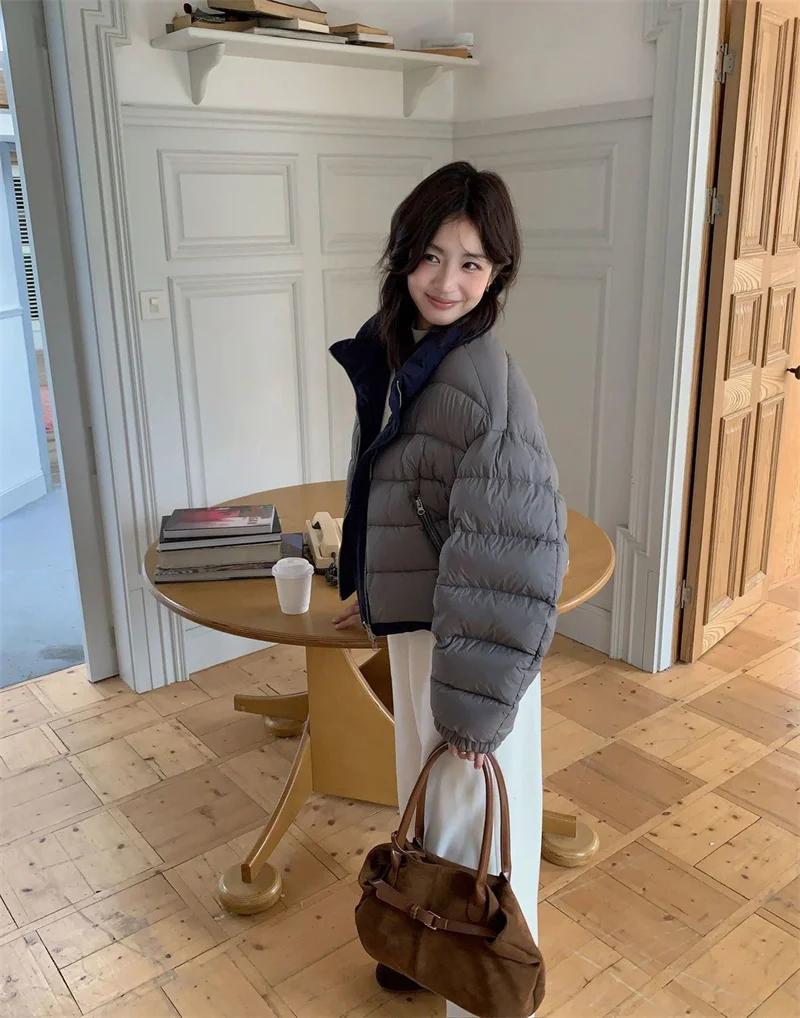Wearing Down Cotton Jacket onBoth sSides, Women's Short Style Stand up Collar Cotton Jacket for Small People,  Contrasting Color