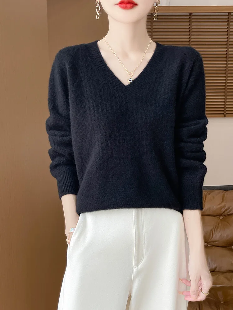 100% Merino Wool V Neck Cable Knit Pullover Women Loose Long Sleeve Sweater Soft Casual Elegant Autumn Winter Knitwear