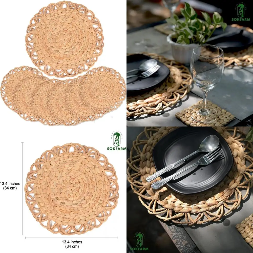 

Flower Boho Round Woven Placemats - Set of 6, Water Hyacinth Wicker, Natural, 13.4 in