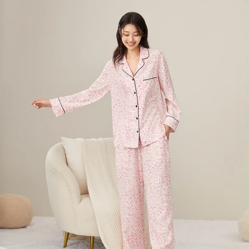 Tencel Lyocell Spring and Summer Thin Pajamas Homewear Summer Pink Leopard Print Large Size Spring and Autumn Long Sleeve  Suit