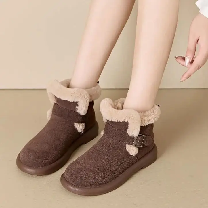 Winter Warm Snow Boots Women Quality Cow Suede Leather Slip On Plush Flat Ankle Boots Ladies Comfort Soft Cotton Shoes