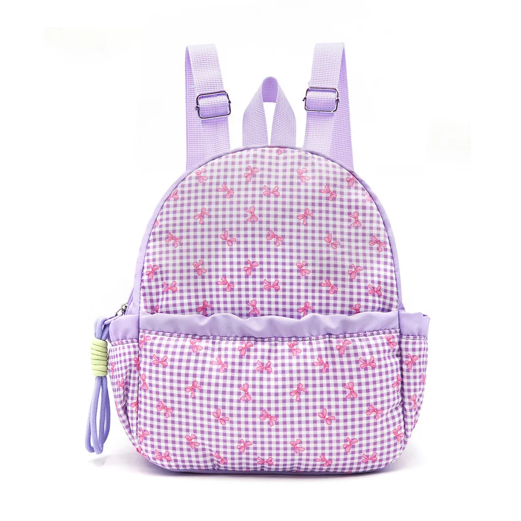 Girls Backpack Purple Plaid Bow Print Cute Children Schoolbag Lightweight 2026