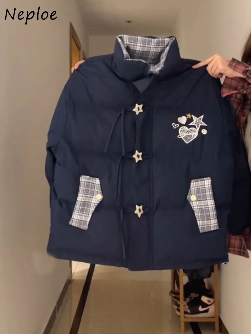 

Neploe Panelled Patchwork Print Star Parkas Plaid Winter New All-match Loose Women Clothing Age Reduction Casual Warm Moda Tops