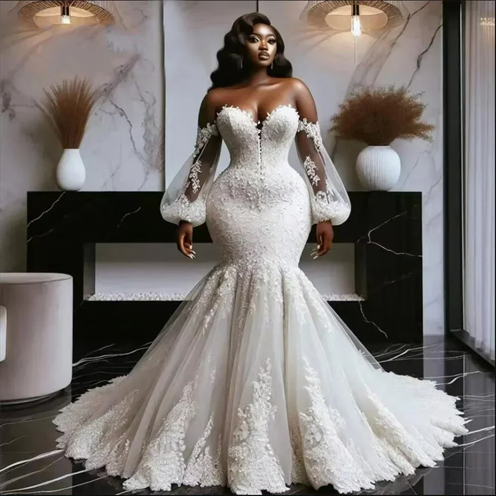 

Customize Sexy Mermaid Wedding Dresses Lace Printing Backless Bridal Gowns Mopping Length Vestidos De Novias