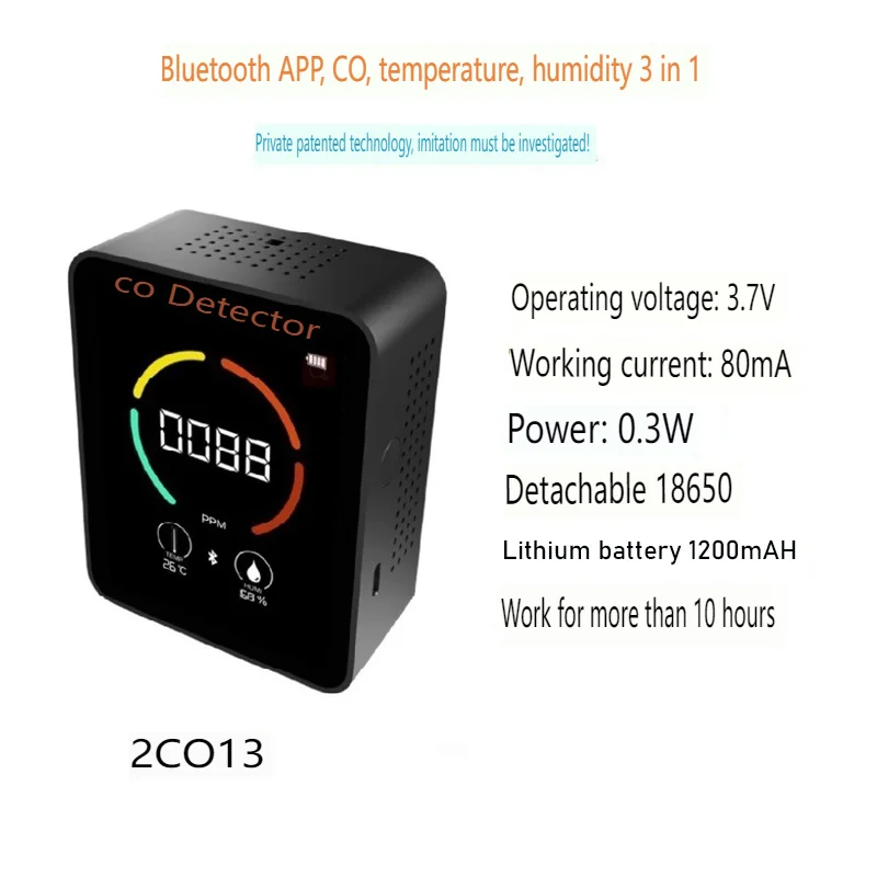 Aplikacja Bluetooth CO Detektor temperatury i wilgotności 3 w 1, kolorowy ekran, detektor tlenku węgla, domowy monitor zanieczyszczeń powietrza