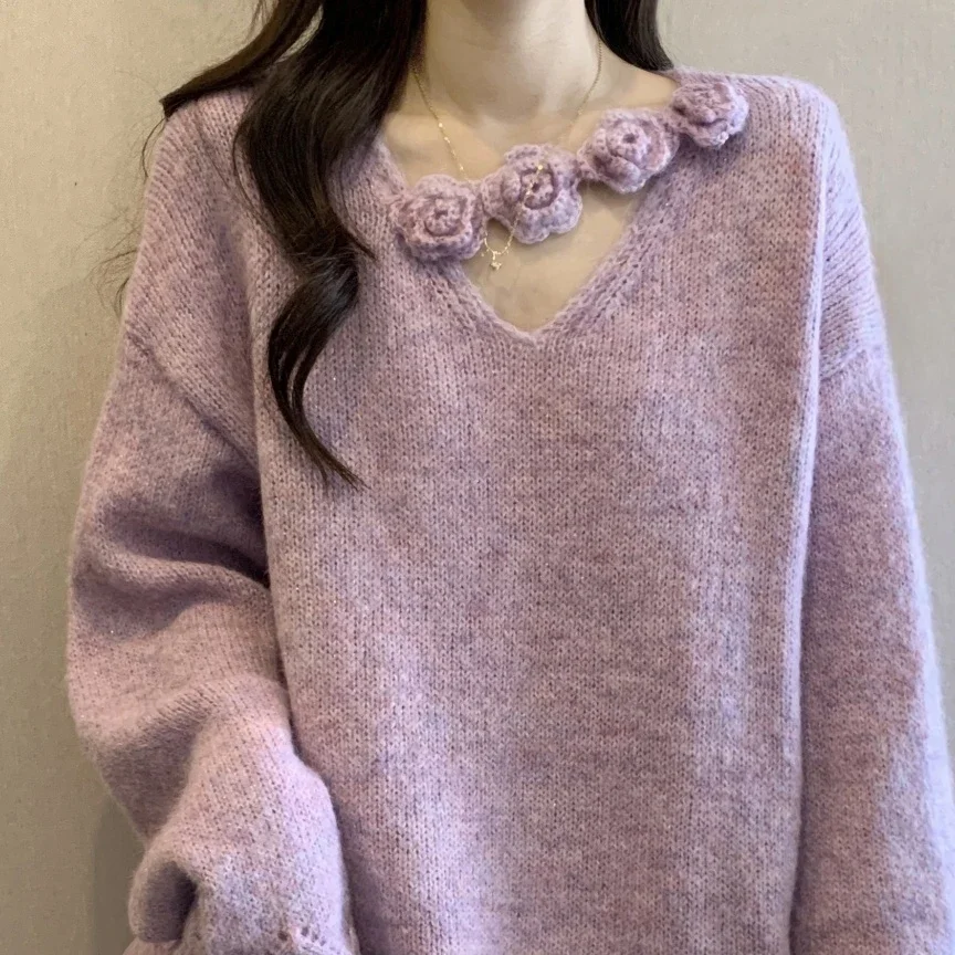 Dreidimensionaler Blumen-Strickpullover mit hängendem Hals für Damen, lockeres Oberteil, Pullover mit Netznähten, Lila, Herbst, 2026