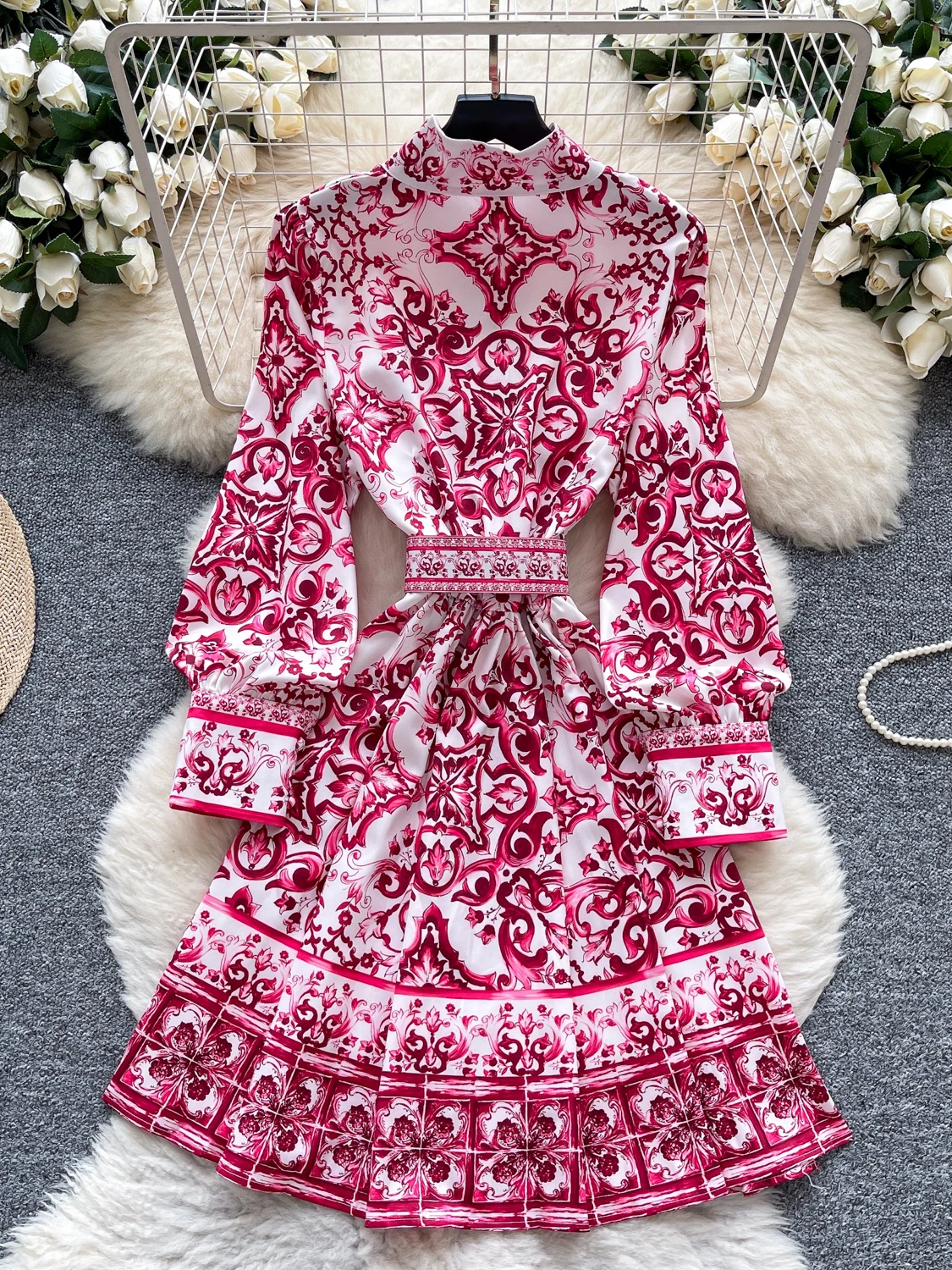 Lanterne imprimée rétro Court Sle Sve Dr pour femmes, col montant, cintré à la taille, amincissante, mi-longue, été