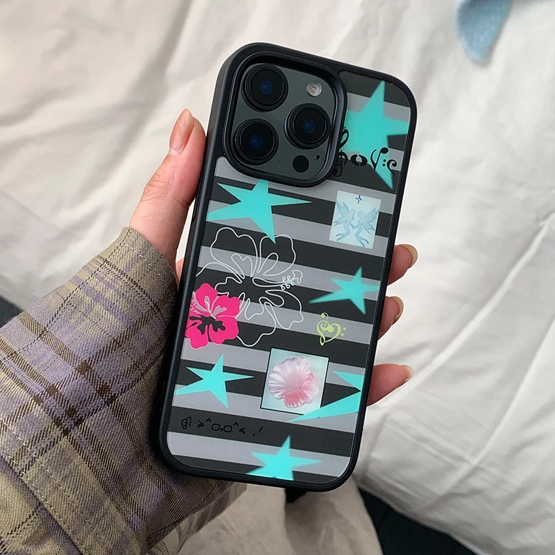 Fashion Gray Stripe Stars Flowers Phone Case For iPhone 17 Air 16 Pro Max 15 14 Plus 13 12 11 Pro Shockproof Silicone Back Cover