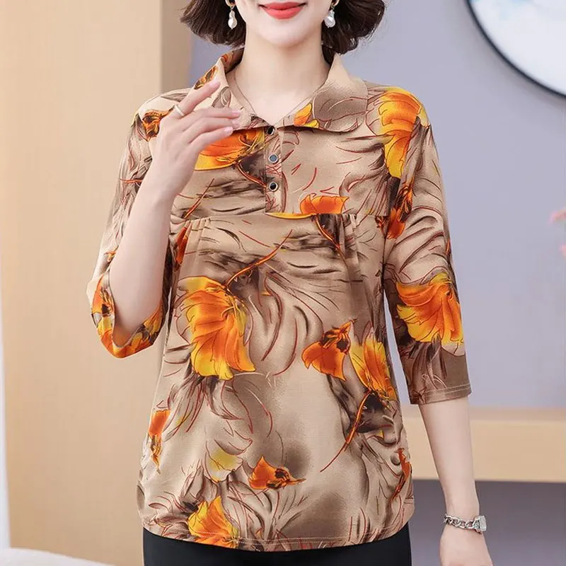 Stylish Peter Pan Collar Button Shirt Summer Thin 3/4 Sleeve Female Clothing Vintage Floral Printed Casual Spliced Loose Blouse