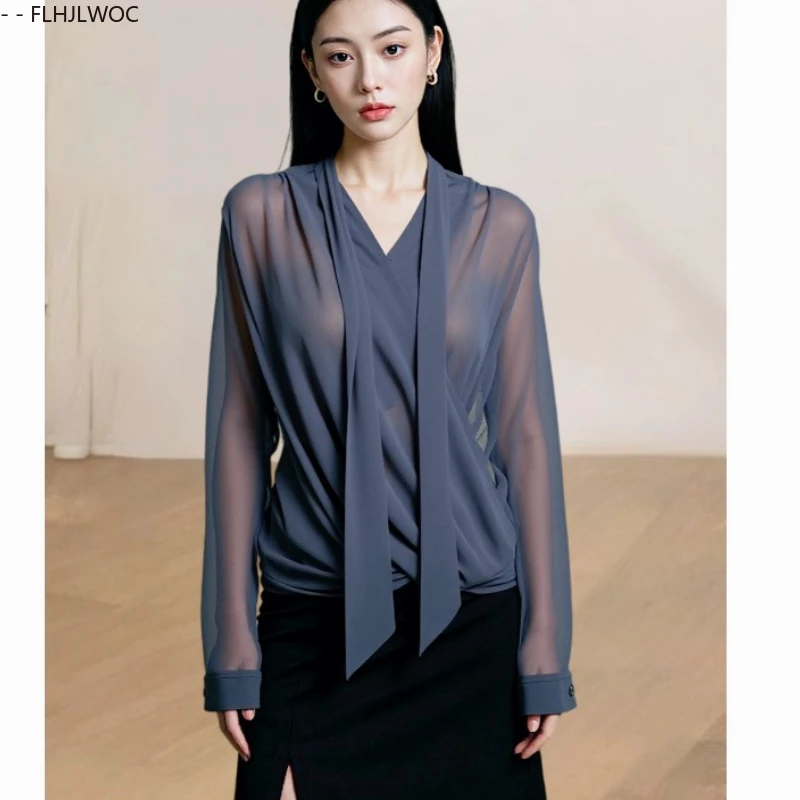 Chic Korea Fashion Tops Blouses 2024 Women Summer Office Lady Show Elegant Pink Gray Sexy Transparent Basic Shirts