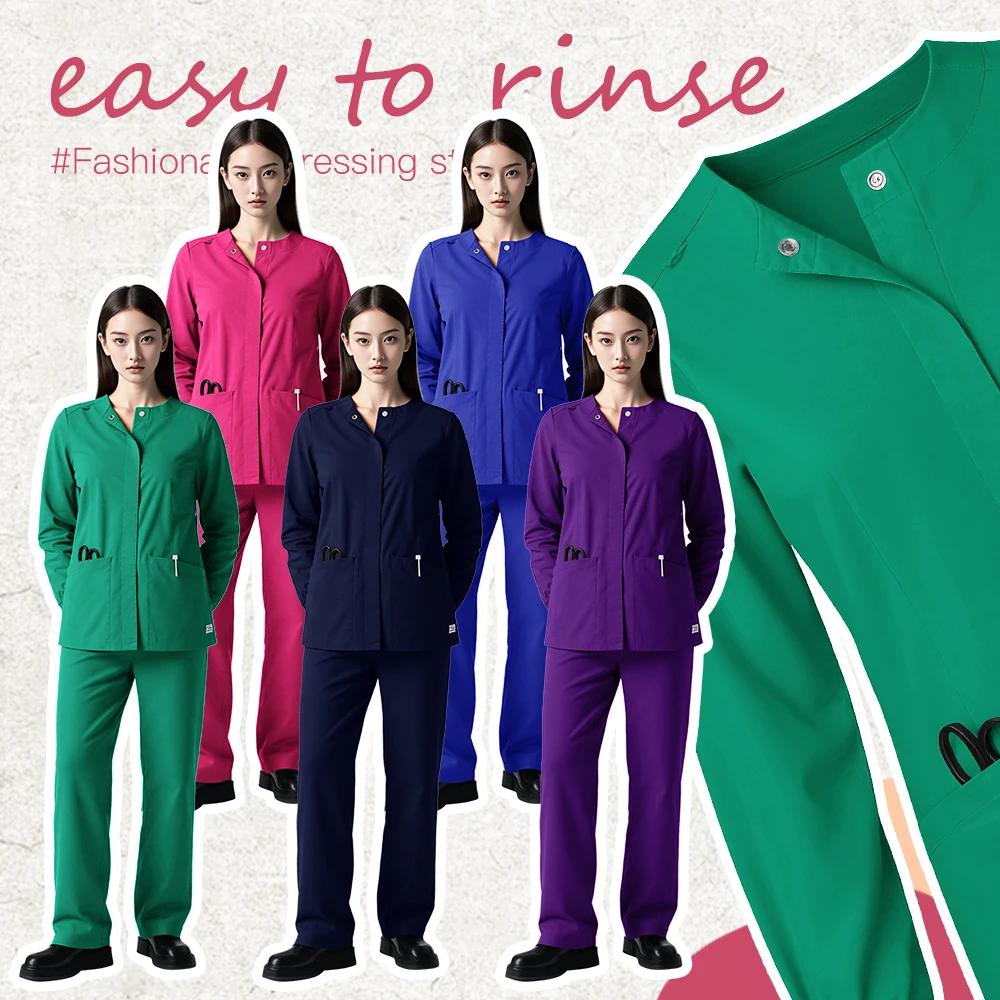 أطقم فرك طبية بأكمام طويلة زي موحد للنساء للممرضات الصلبة بدلة فرك المستشفى الزي الجراحي ملابس عمل لصالون التجميل السريري