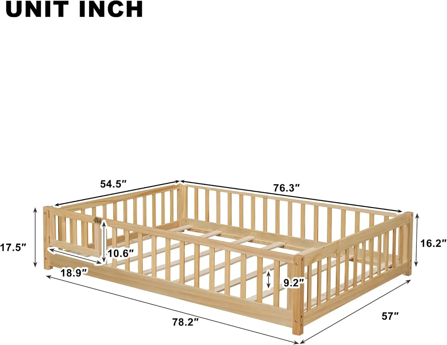 Tempat tidur lantai ukuran penuh dengan pintu dan pagar untuk anak-anak, tempat tidur lantai montesori dengan bilah dan penjaga keamanan, kayu Solid Penuh