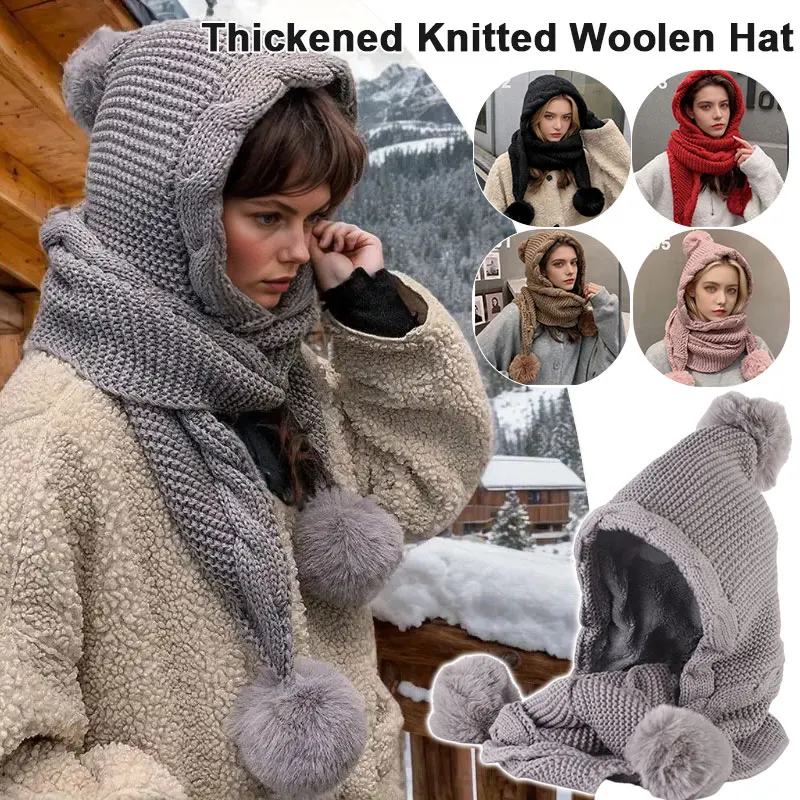 

Women's Winter Outdoor Knitted Wool Hat with Scarf & Pom Pom Thick Warm Ear-Covering Beanie for Skiing Hiking Fishing Windproof