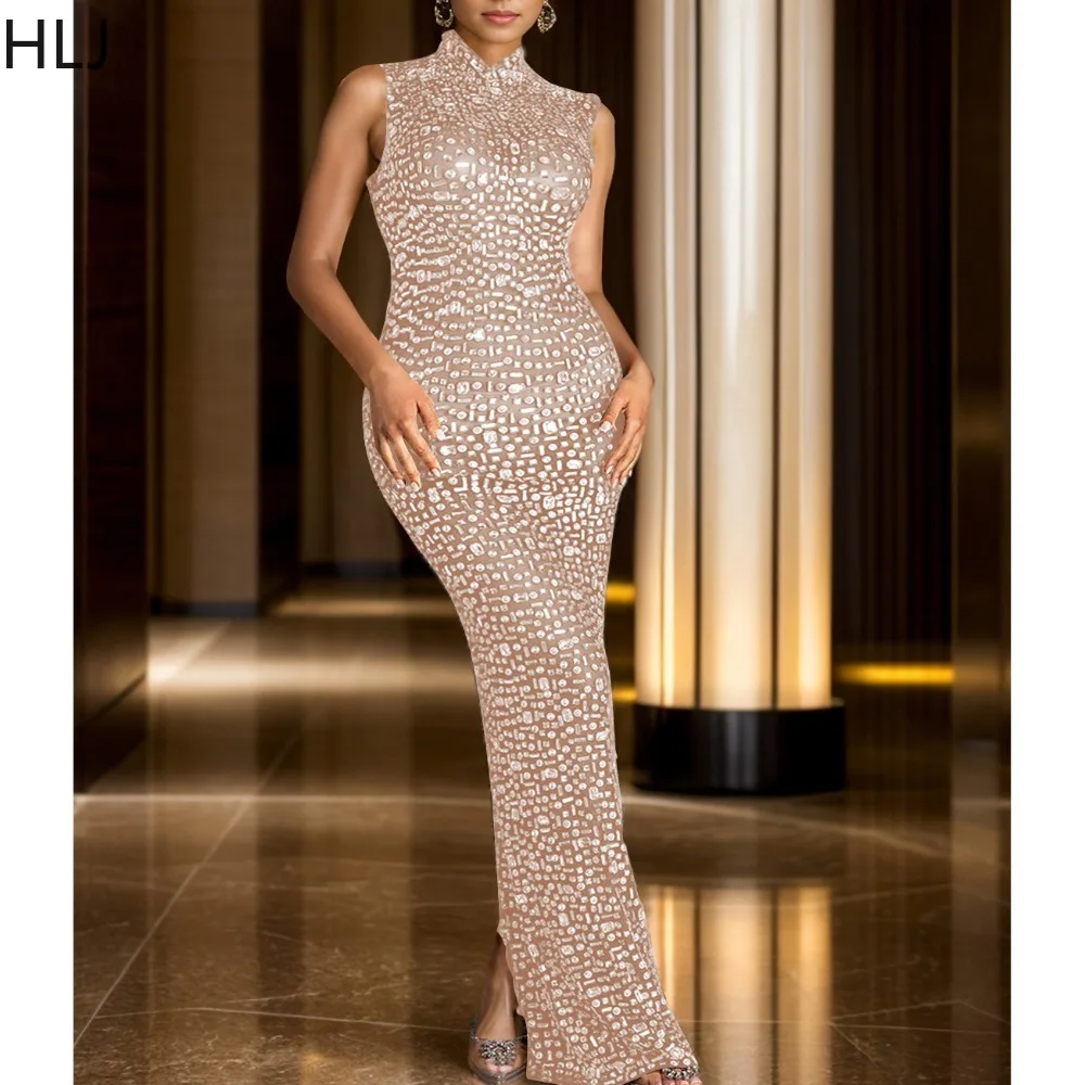 HLJ Sexy strass vedere attraverso abiti lunghi senza maniche aderente Maxi abiti maglia dolcevita vestito da festa di compleanno sera nuovo