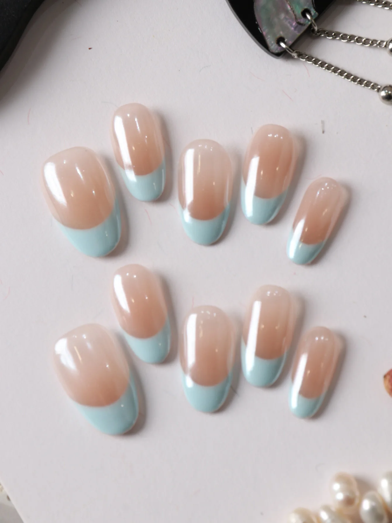 10Pcs Press on Nails Short French Style Blue Mirror Cat Eyes Press on Fake Nails Includes 1 Sheet of Adhesive Tabs & 1 Pc Mini File