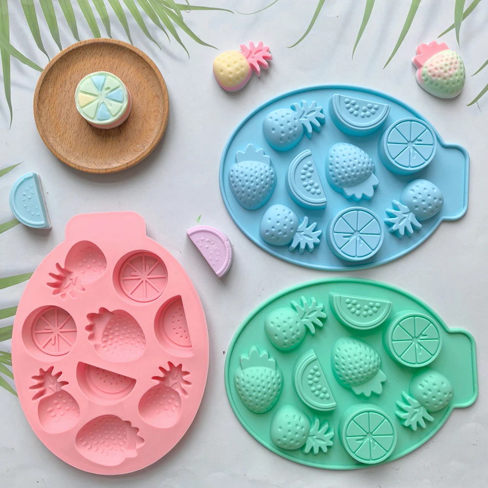 1pc 9 cavidades 4 moldes de silicone em forma de frutas doces de chocolate, pudim, biscoito, moldes de bandeja de gelo, utensílios de cozimento de decoração de bolo