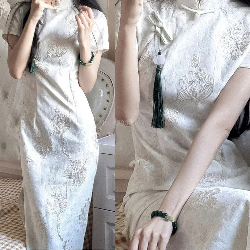 

Improved Qipao New Chinese Style Dress White Jacquard Cheongsam Elegant Long Vestidos Women Summer New Mandarin Collar Qipao