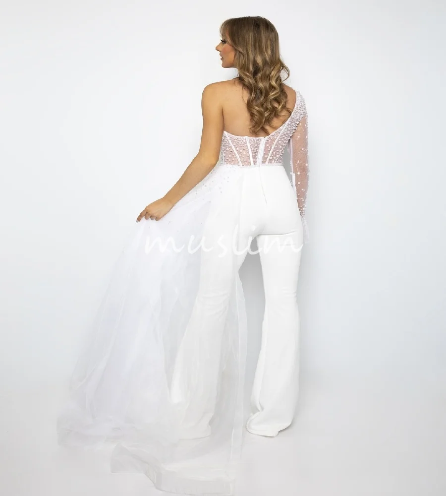 Bohemian Jumpsuit Pant Wedding Dress With Pearls Elegant Long Sleeve One Shoulder Satin Country Bridal Dress Romantic Beach
