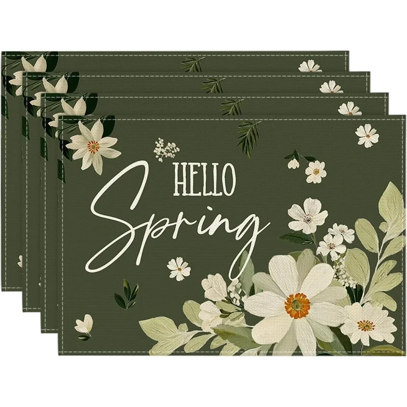 4Pcs, Green Floral Placemats, Washable, Suitable for Holiday Parties, Home Decor, Kitchen Tables, Rectangular Dining Rooms, Making Your Dining Room and Kitchen More Beautiful, Birthday Gifts for Family and Friends, and Housewarming Party Gifts