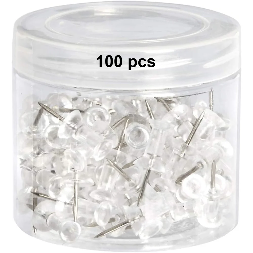 Push Pins, Clear Plastic Head, Steel Point for Cork Board, Bulletin Board, Maps, Photos, Posters, and Craft Projects, 100-Pack