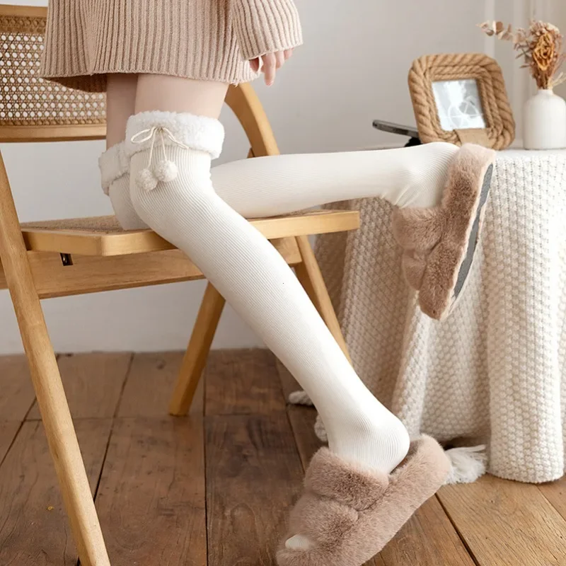 Japanese Vertical Stripe Plush Stockings Autumn Winter Cute Tights Kawaii Lamb Fur Wool Ball Calf Socks Lolita Knee High Socks