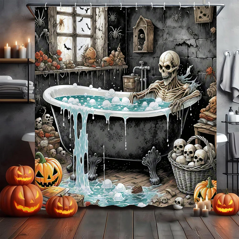 Amusing and Creative Skeleton Skull Shower Curtain Waterproof Bathroom Curtain Funny Scary Halloween home Decorative Curtain