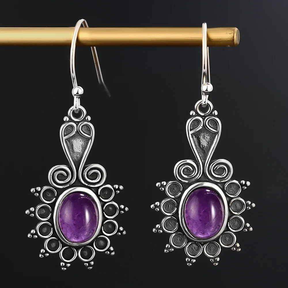 

New Style Oval Ethnic Flower Amethyst Women's 925 Sterling Silver Drop Earrings Wedding Party Anniversary Engagement Jewelry