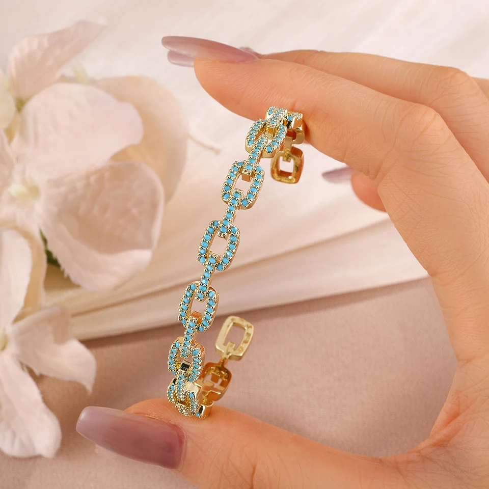 ZAKOL Luxury Micro Pave AAA Zirconia Hollow Square Cuff Bracelet for Women Turquoise Crystal Jewelry Party Gift