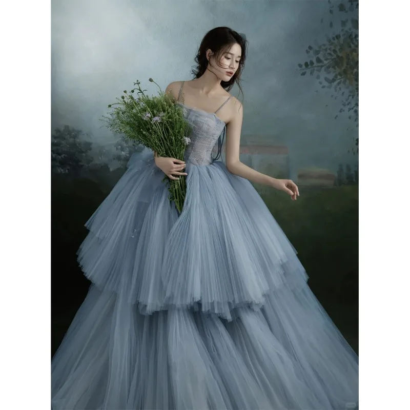 

Blue Sling Pleated Fluffy Princess fashion Party Dress 2025 new Strap Sleeveless Formal Dress Women Elegant Evening Dresses