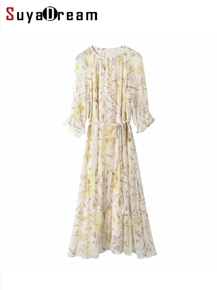 SuyaDream kobiety Maxi printedress 100% prawdziwa jedwabna sukienka plażowa o długi, z paskiem linii 2023 wiosenne lato odzież codzienna beżowa