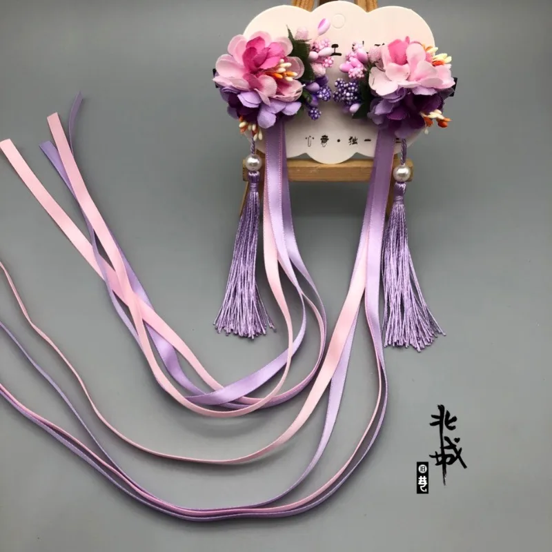 Silk Flower Satin Ribbon Hair Clips with Long Streamers for Girls Ancient Chinese Style Hair Accessories Traditional Events Gift
