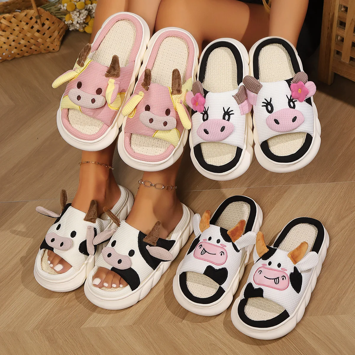 

All Season Indoor Home Slippers Wholesale Cow Print Linen Design Women's & Men's Anti Slip House Sandals