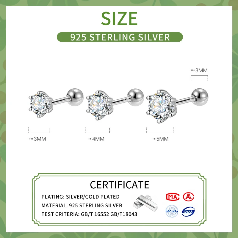 SOFTPIG Real 925 Sterling Silver 3/4/5MM Six Claw Zircon Stud Earrings for Women Classic Fine Jewelry Piercing Screw Accessories