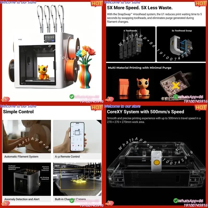 2026 New Snapmaker U1 Four Extruder High Speed 500mm/s Large Print Size 270mm * 270mm* 270mm Automatic Multi-color FDM 3D