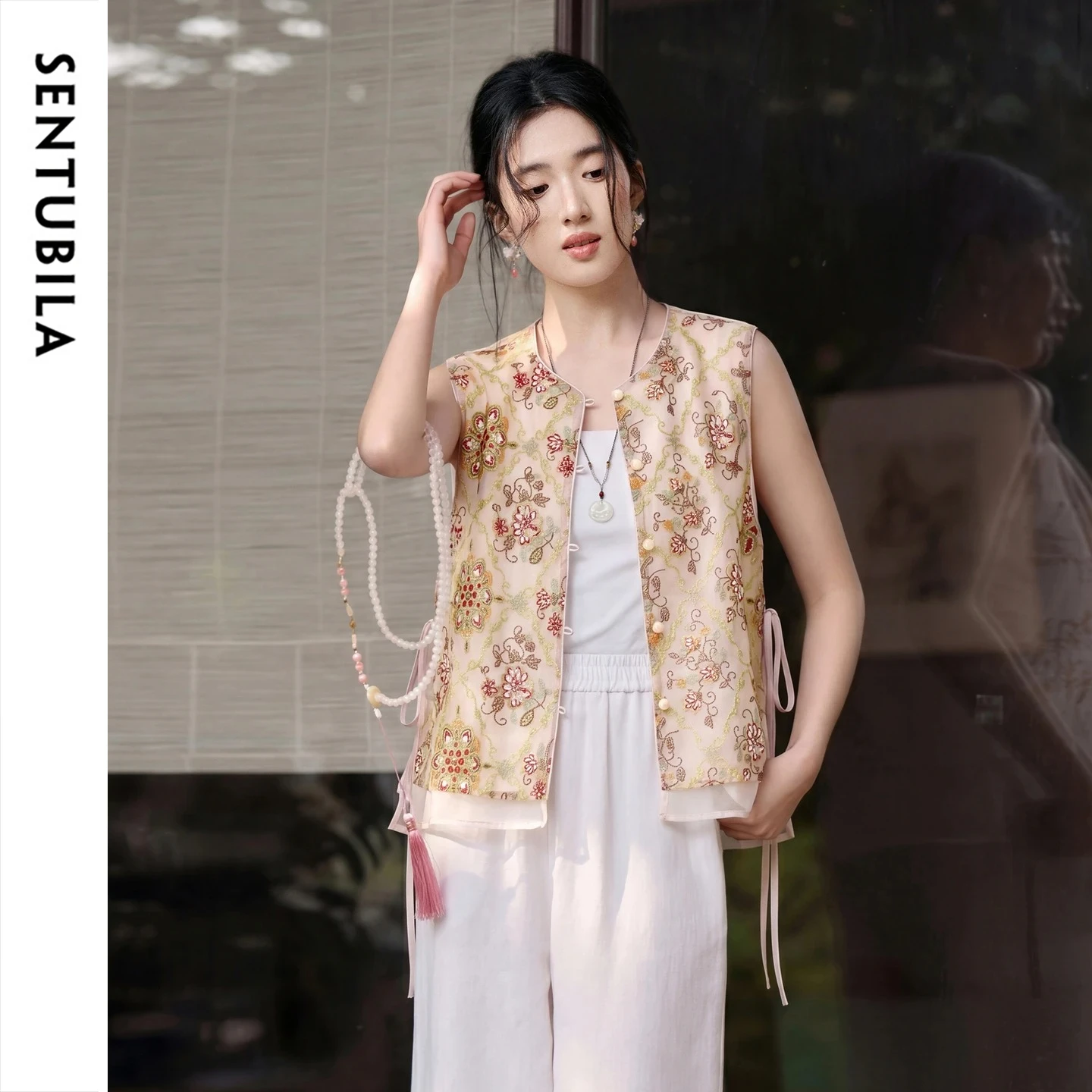 SENTUBILA Fake Two-Piece Chinese Style Vest Women Pink O-neck Side Tie Heavy Beaded Embroidered Thin Sleeveless Top Q63JE8479X
