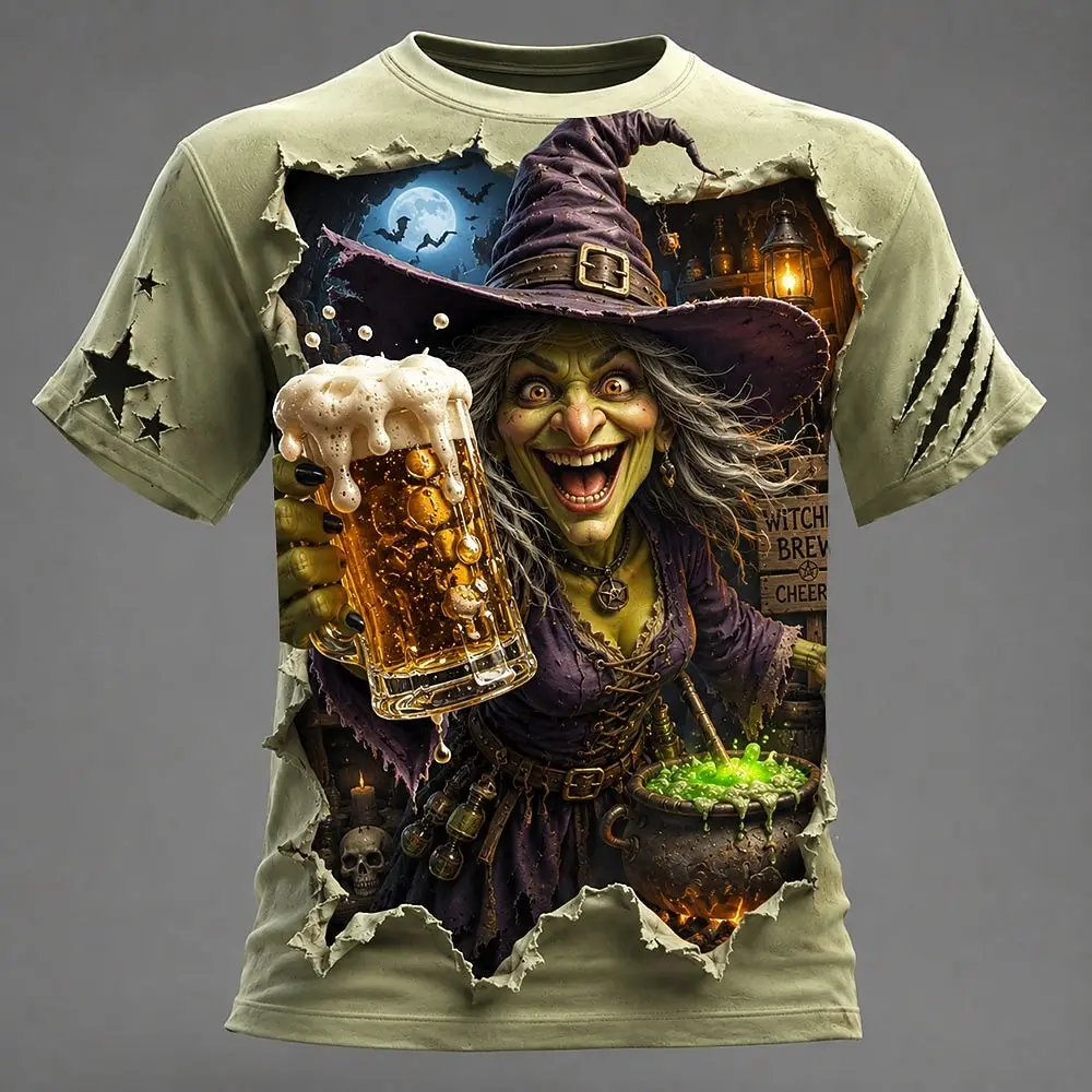 Men's Spring Summer 3D Printed Crew Neck Tee, Ripped Paper Pumpkin Scarecrow Beer Halloween Horror Casual Top