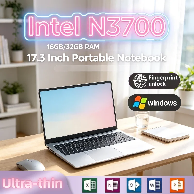 17.3 Inch Intel N3700 Laptop 32GB RAM 2TB SSD Fingerprint Unlock Full Size Gaming Work Notebook High Performance Pro