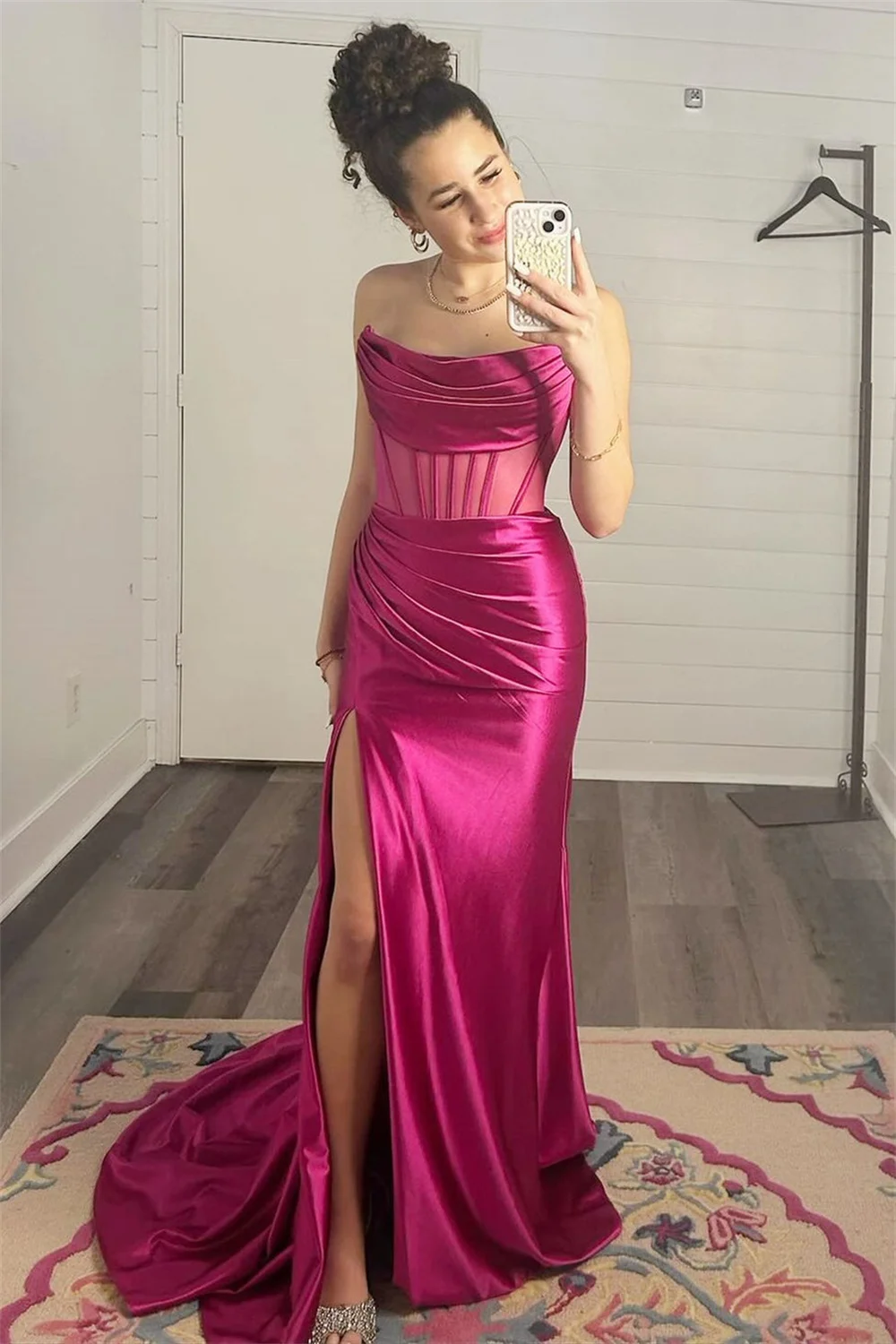 Sansa Strapless Satin Prom Dress Pleats Sleeveless Vestidos De Fiesta Sexy Side High Split Mermaid Cut-out Evening Dress 2024